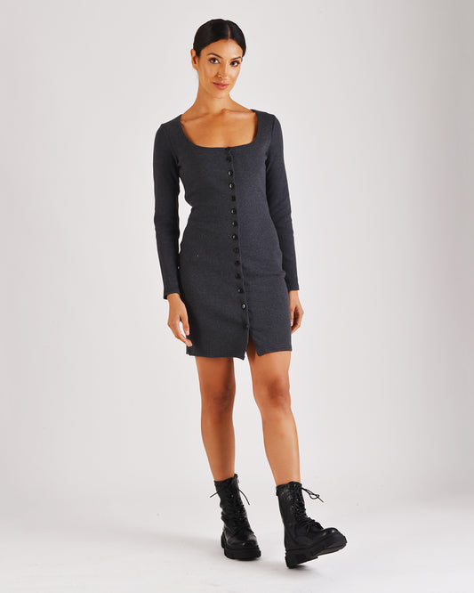 Charcoal Ribbed Button Front Dress