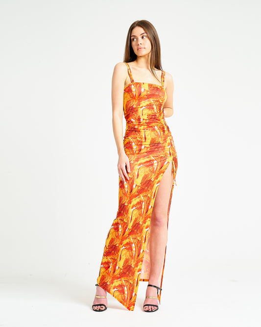 Orange Print Maxi Dress with Split