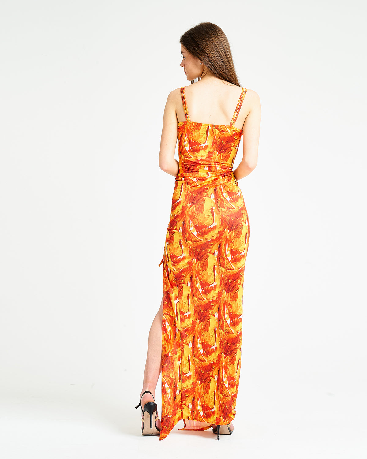 Orange Print Maxi Dress with Split