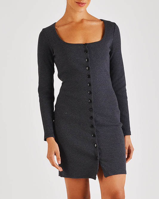 Charcoal Ribbed Button Front Dress