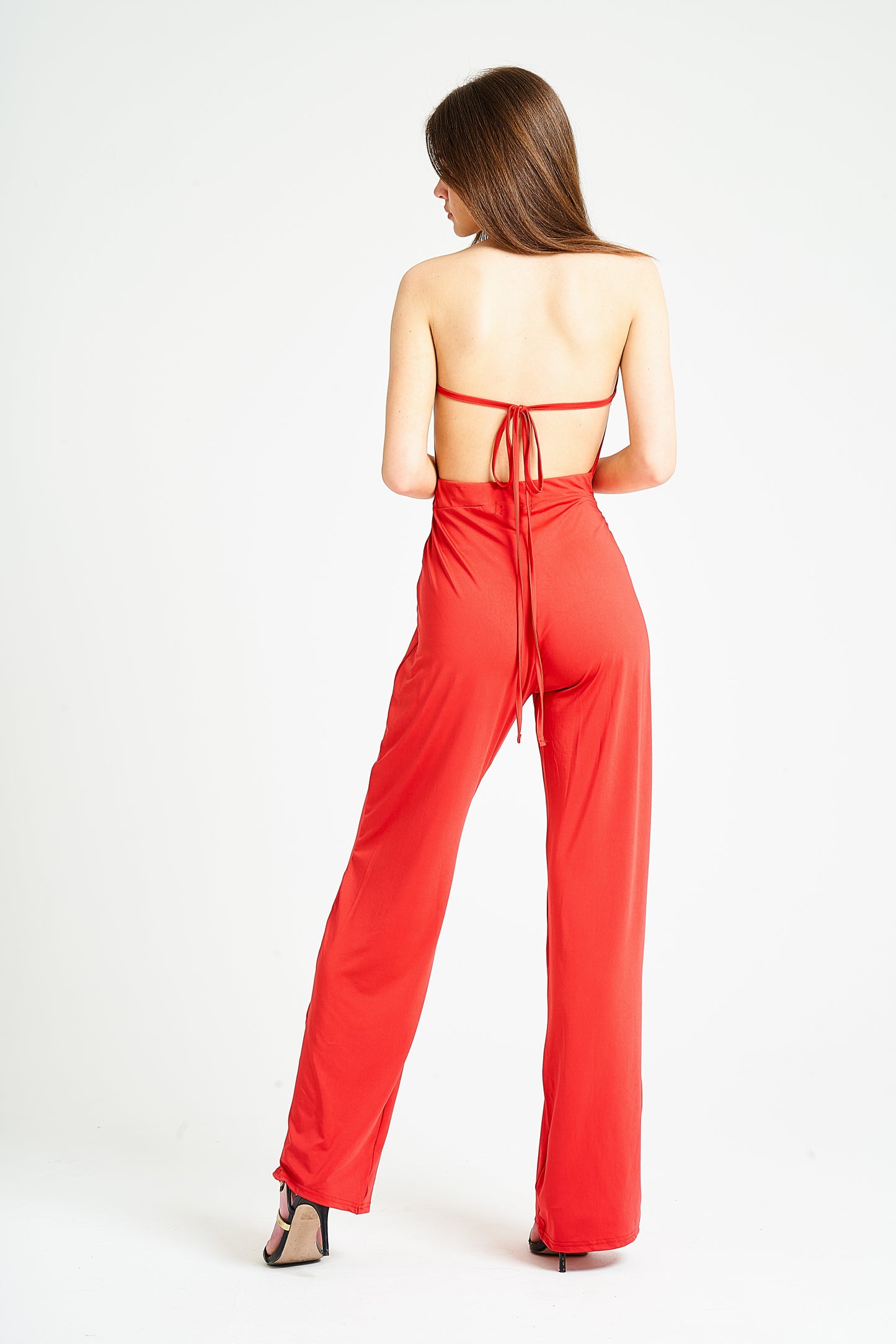 Red Strap Detail Slinky Jumpsuit