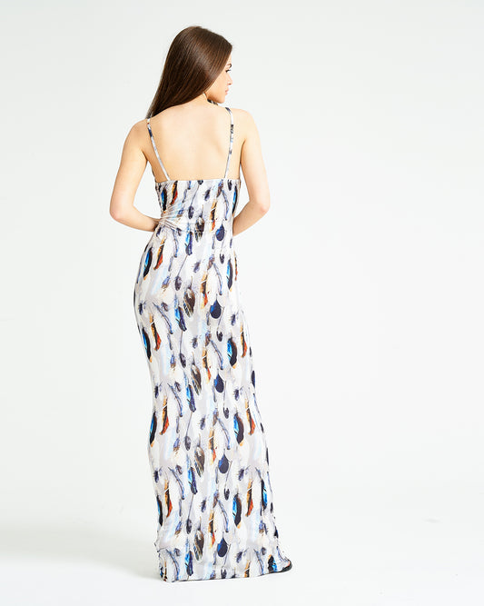 Feather Print Slinky Maxi Dress
